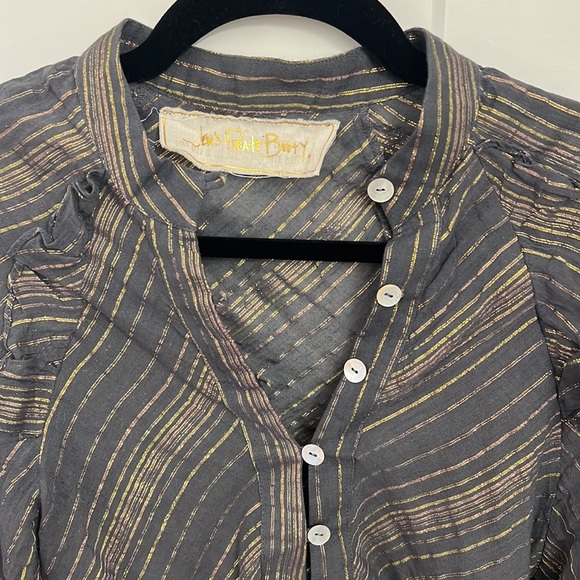 Jen’s Pirate Booty Blouse Gray Metallic Puff Ruffles Sleeve - Picture 3 of 6